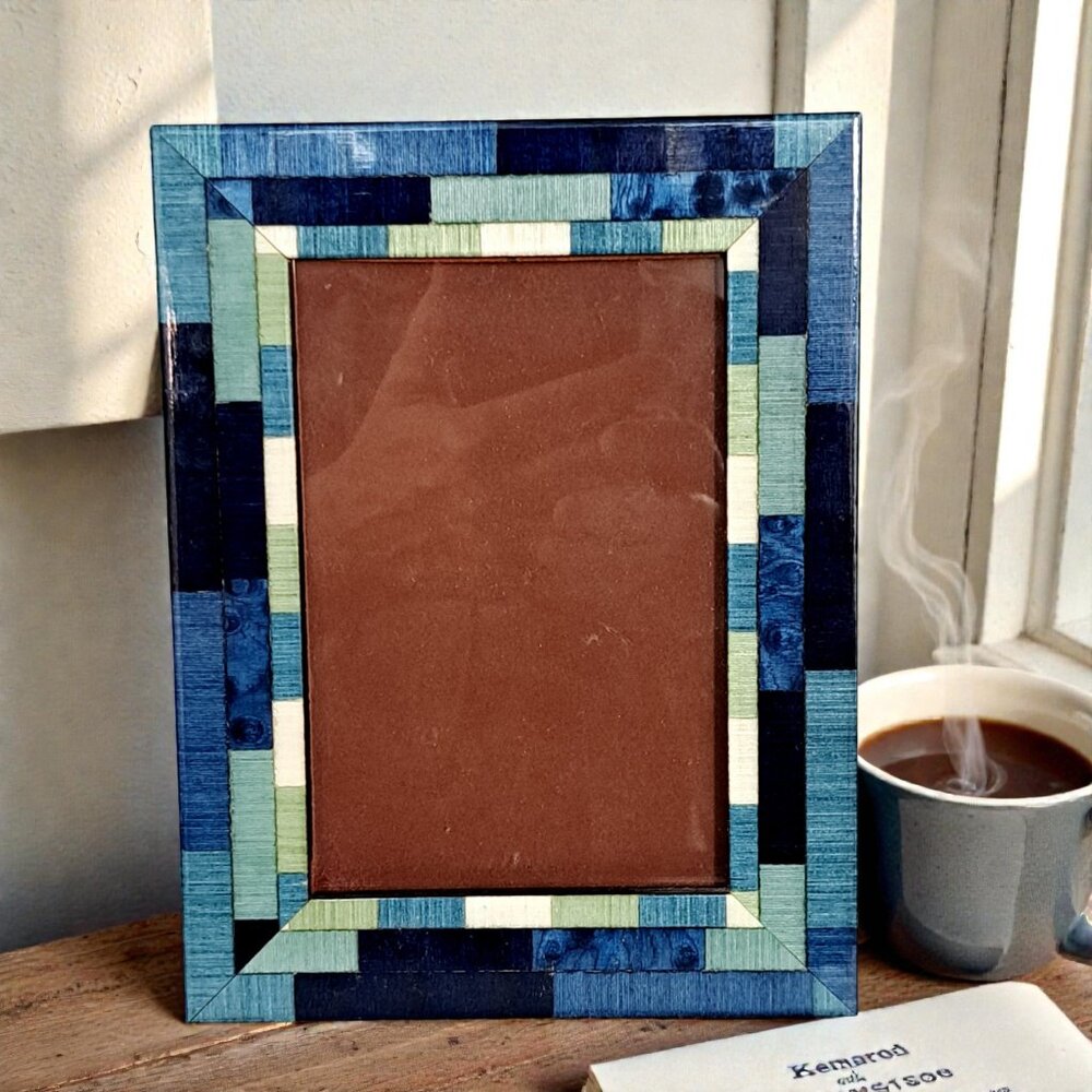 Natalini Italy Blue Wood Marquetry Inlay Frame 4x6 Geometric Mosaic Patchwork - Picture 6 of 13
